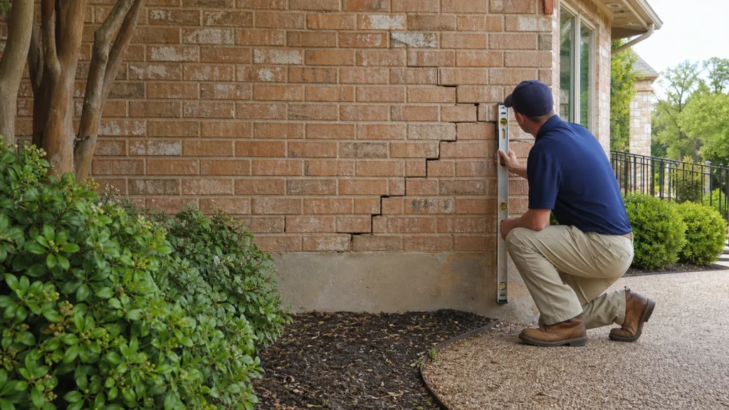 A lakeway texas brick home exterior with a subtle stair-step masonry crack and a foundation professional inspecting it with a level