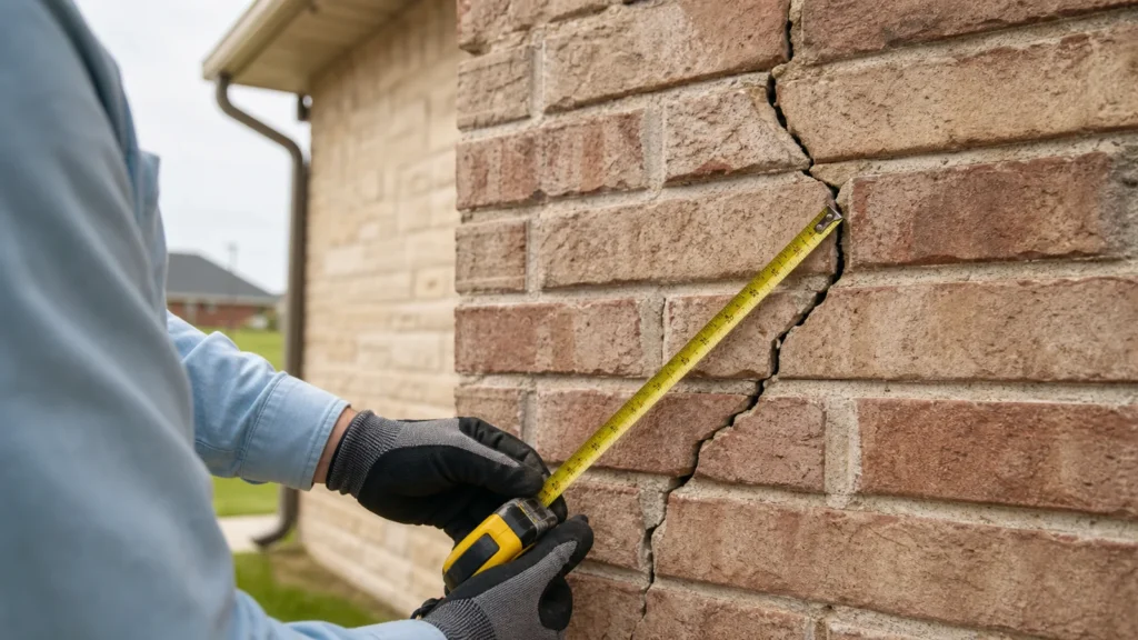 Close-up editorial construction photograph of a gloved inspector measuring a diagonal crack on a lakeway texas brick house
