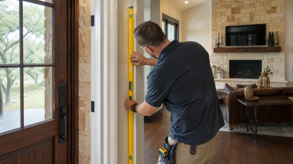 Interior of a lakeway texas home where a contractor checks a sticking door frame with a long level
