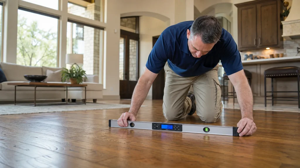 Uneven Floors in Lakeway: What They Can Reveal About a Foundation 3 Wide realistic interior photo of a lakeway home, foundation specialist checking an uneven hardwood floor with a digital level