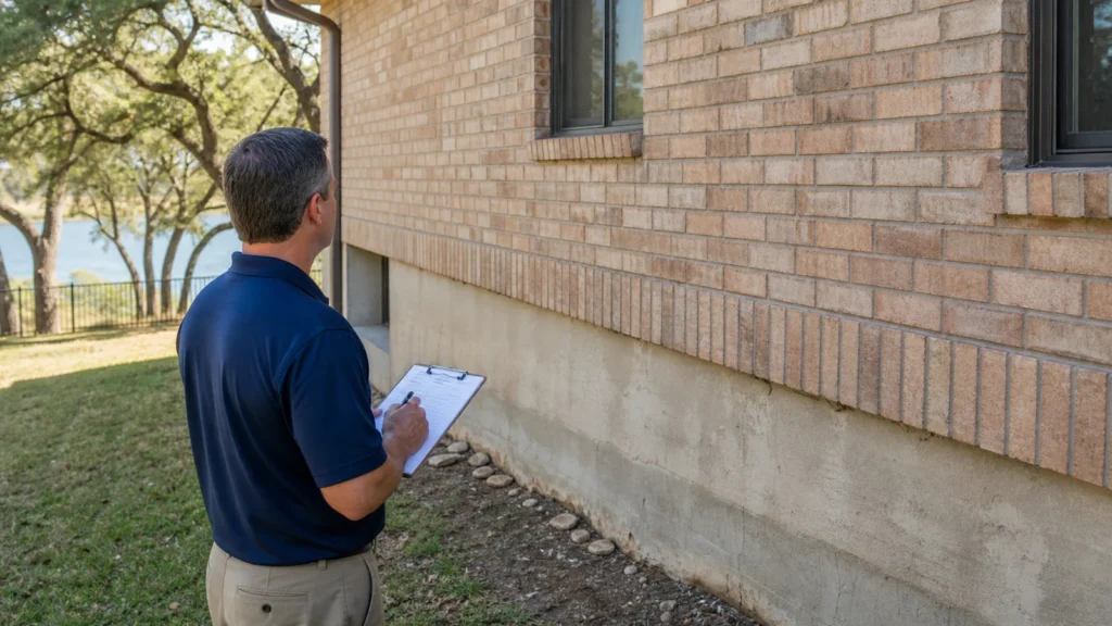 Lakeway texas homeowner and foundation inspector reviewing an exterior checklist beside a raised brick home