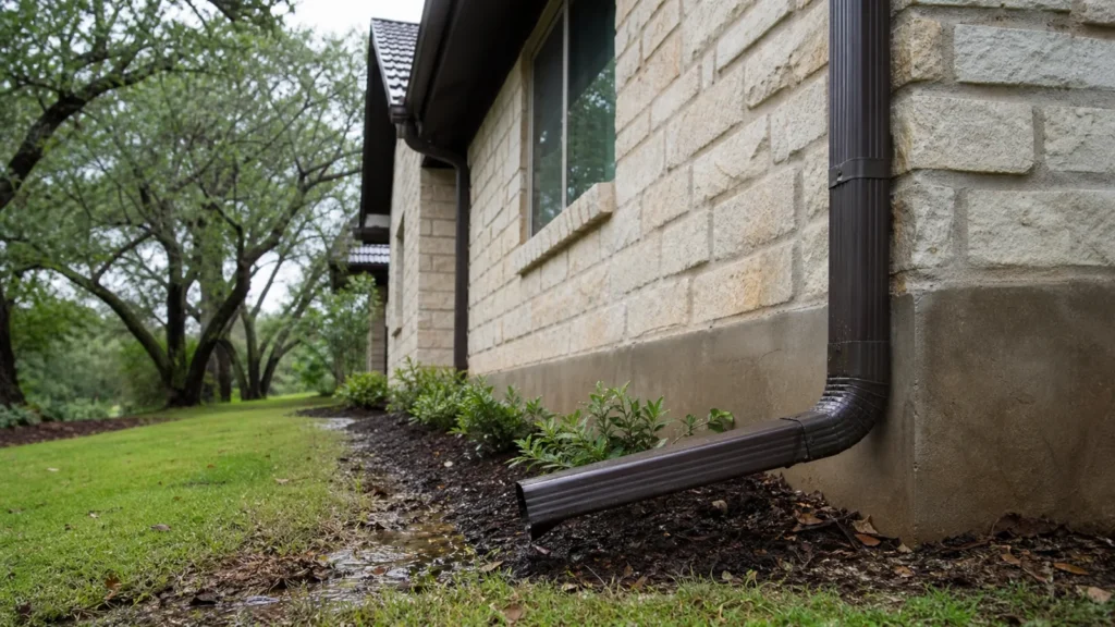 Foundation Drainage Around Lakeway Homes: Practical Prevention Steps 1 Lakeway texas home after rain showing clear gutters, extended downspout and properly draining yard near a slab foundation