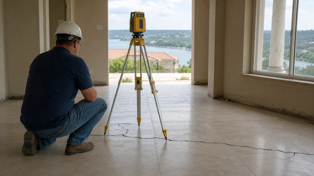 Concrete Slab Settlement in Lakeway: Causes, Clues, and Next Steps 4 Realistic construction photo of a lakeway texas slab foundation inspection with elevation equipment and visible tile cracking indoors