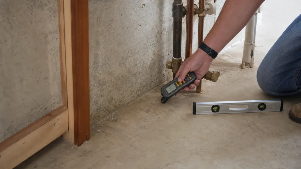 Plumbing Leaks and Slab Movement in Lakeway: What to Check First 1 Lakeway home slab inspection showing moisture meter and foundation level near indoor plumbing, no flooding