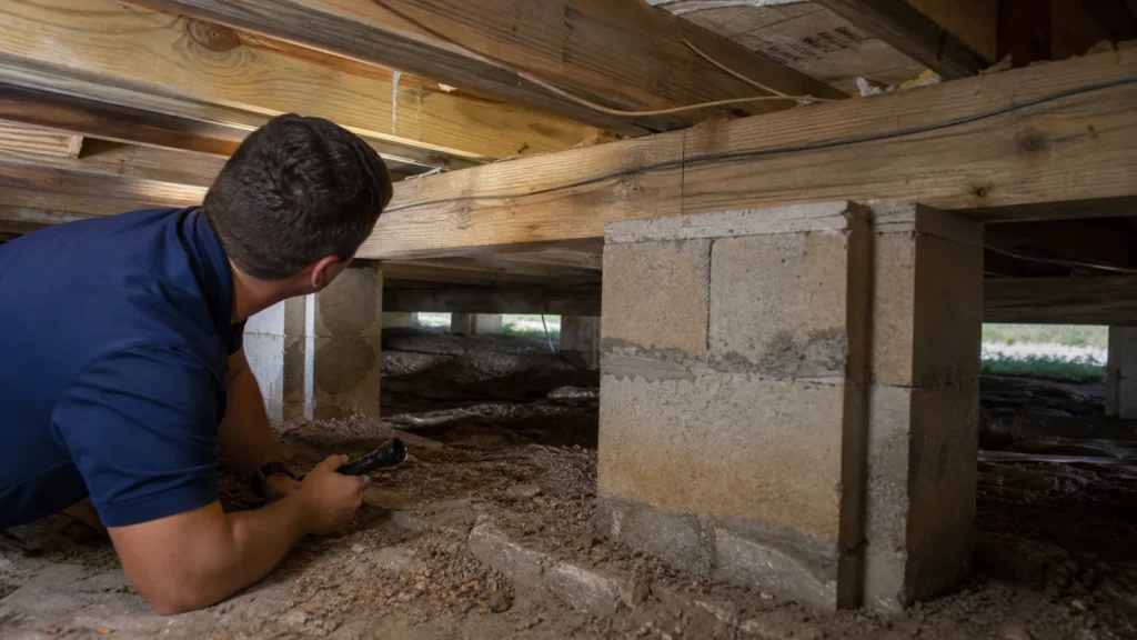 Pier and Beam Foundation Problems Commonly Seen in Lakeway Homes 5 Realistic crawlspace beneath a lakeway texas pier and beam home, inspector examining wood beams and masonry piers with safe lighting