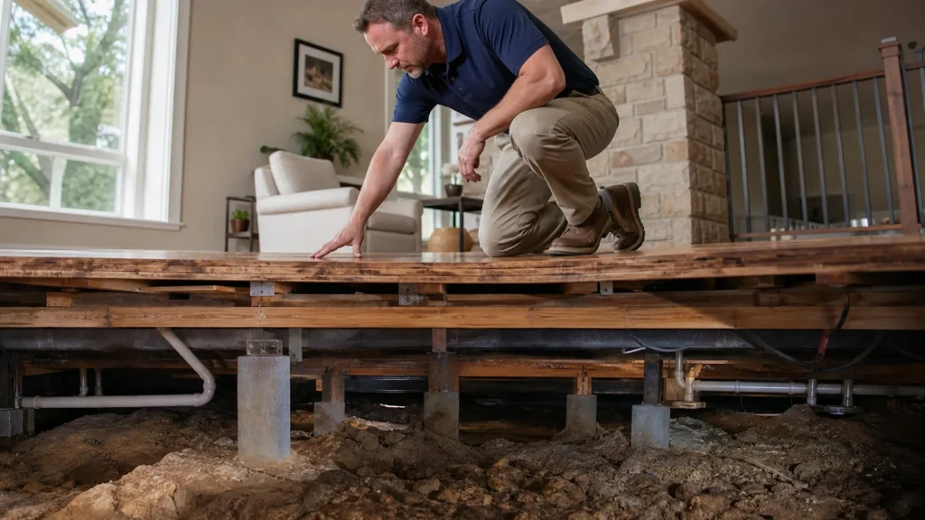 Bouncy Floors in a Lakeway Pier and Beam Home: Possible Causes 4 Interior and crawlspace perspective of a lakeway raised home with technician evaluating a bouncy wood floor