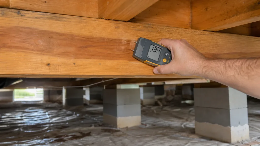 Crawlspace Moisture and Pier and Beam Foundations in Lakeway 2 Clean crawlspace inspection beneath a lakeway texas home after rain, moisture meter on a wood beam