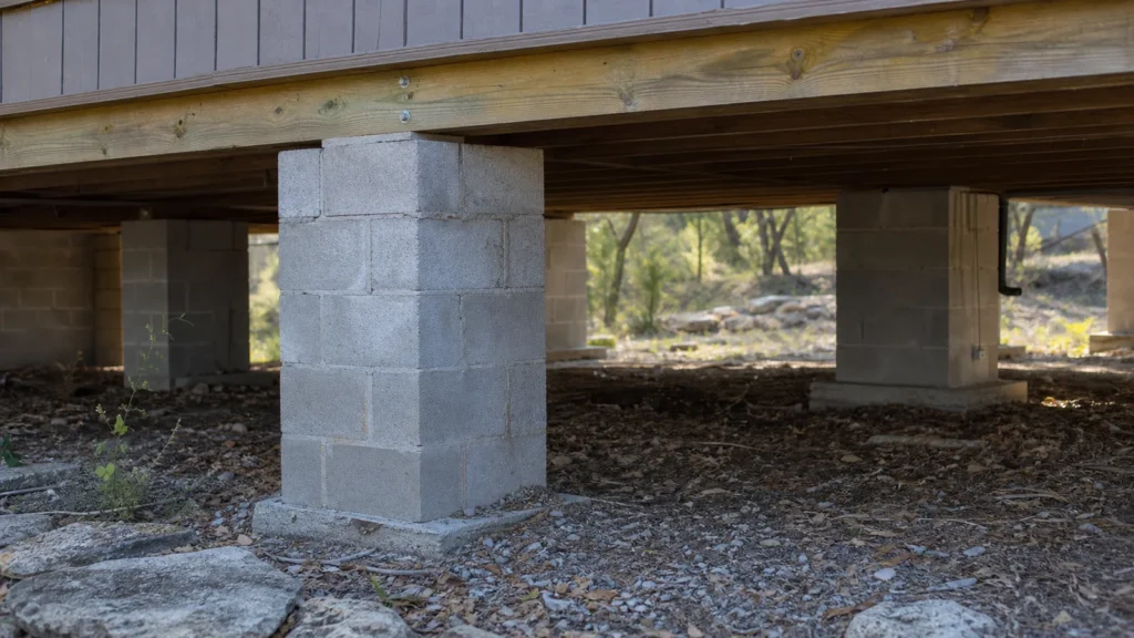 Block and Base Foundation Repair in Lakeway: How an Evaluation Works 3 Lakeway texas block and base foundation inspection beneath a raised house, aligned masonry supports visible