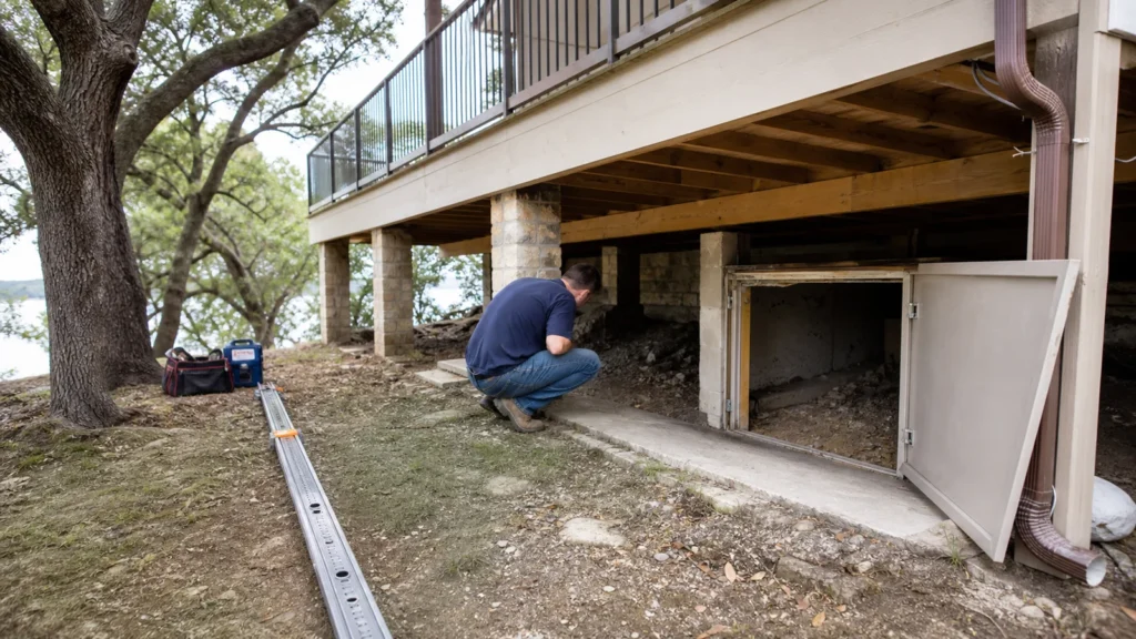 How to Prepare a Pier and Beam Home for Foundation Work in Lakeway 1 Realistic lakeway texas family preparing a raised home for foundation work, clear crawlspace access and organized contractor equipment