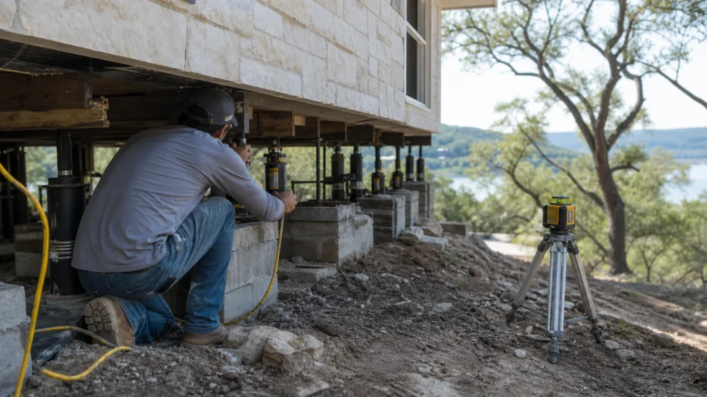 House Leveling in Lakeway: What the Process Is Designed to Do 2 Lakeway texas house leveling crew using hydraulic jacks and laser levels beneath a raised home