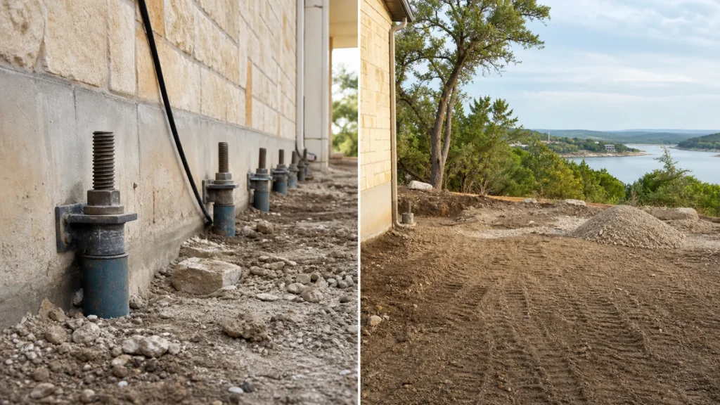 House Leveling vs. Foundation Stabilization: A Lakeway Guide 1 Realistic split-scene construction photograph of leveling and stabilization work on a lakeway texas foundation, no text