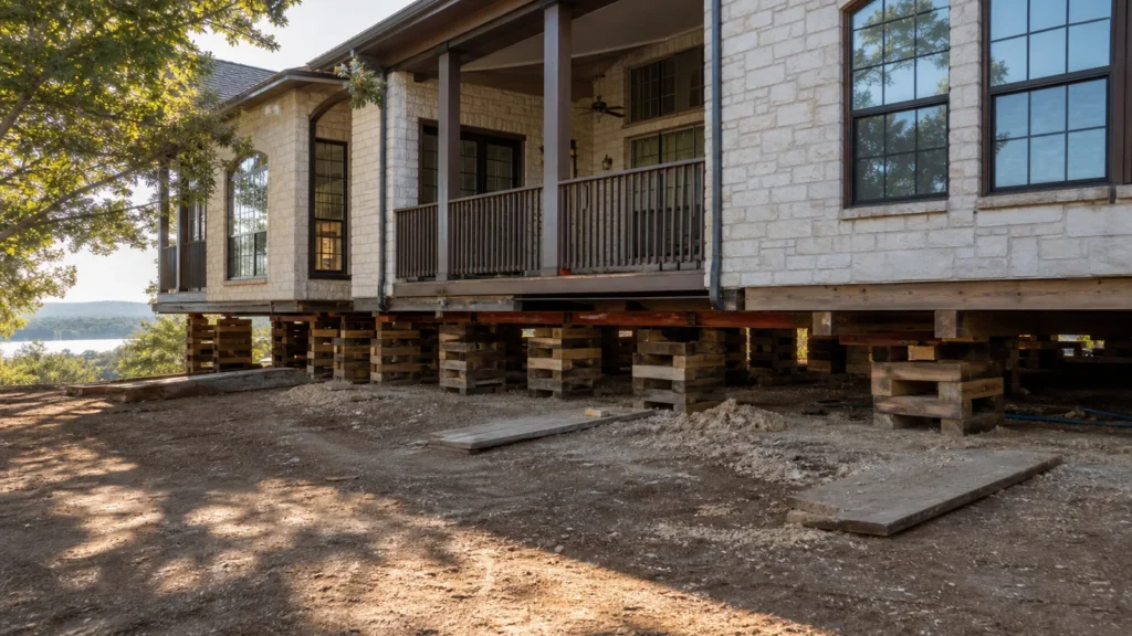 Wide photo of a lakeway texas raised home carefully supported during professional house lifting work