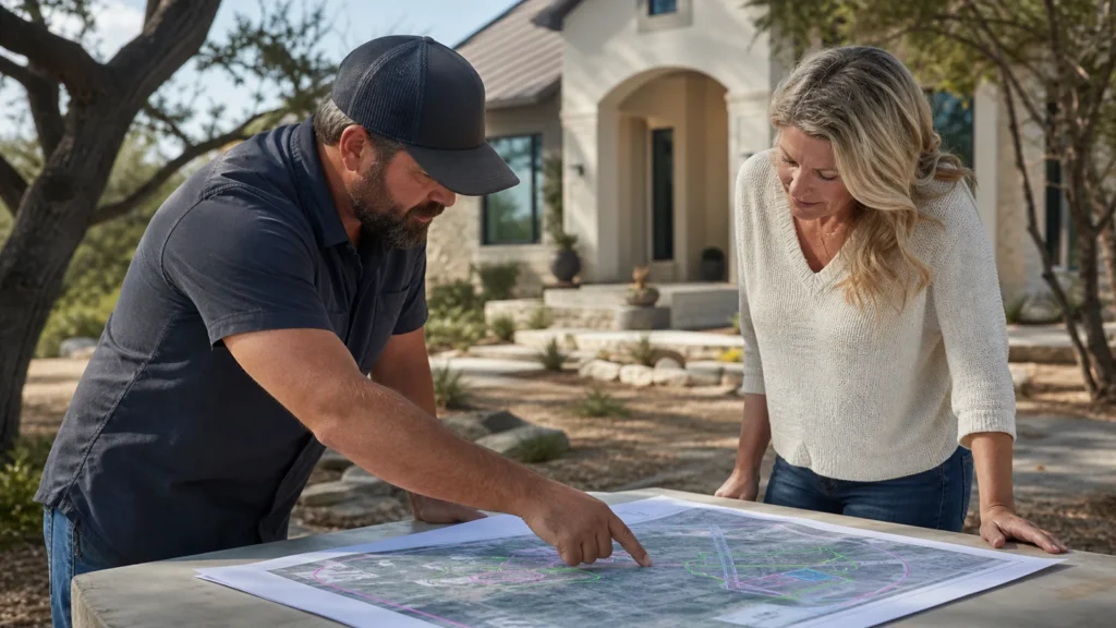 Lakeway texas house lifting planning meeting outdoors, contractor reviewing utility and access map with homeowner