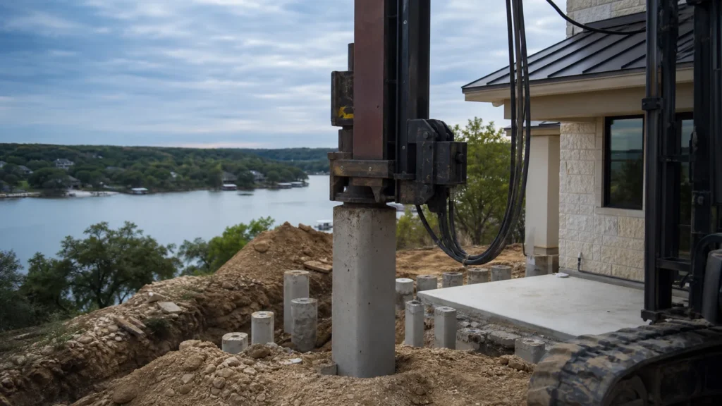 Close construction photo of pressed concrete piling installation beside a lakeway texas slab home