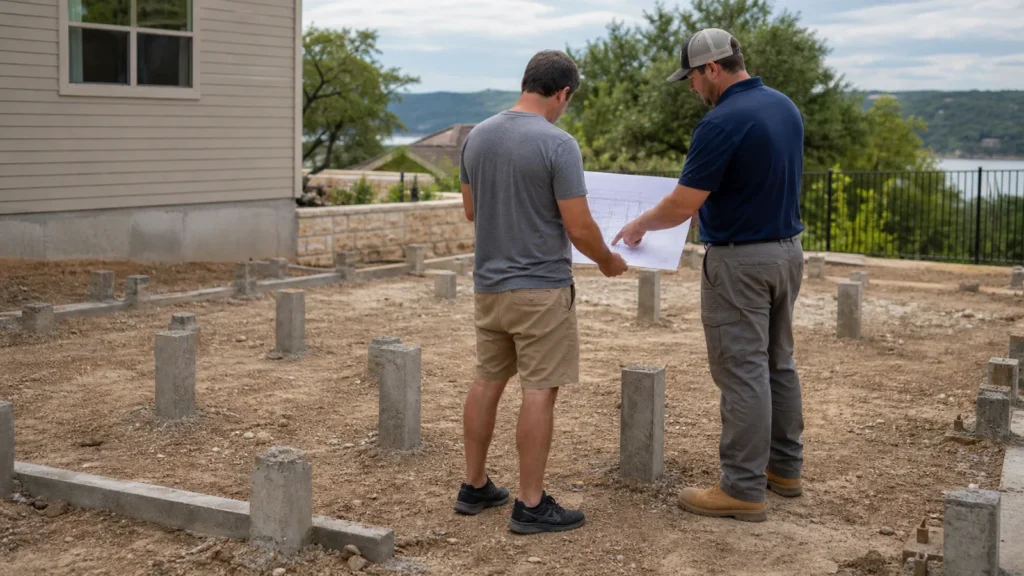 Realistic lakeway homeowner reviewing a pressed piling layout with foundation contractor at a clean residential job site