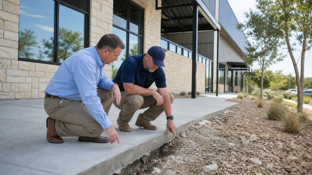 Commercial Foundation Warning Signs for Lakeway Property Managers 2 Lakeway texas commercial building exterior with property manager and foundation specialist inspecting a slab edge