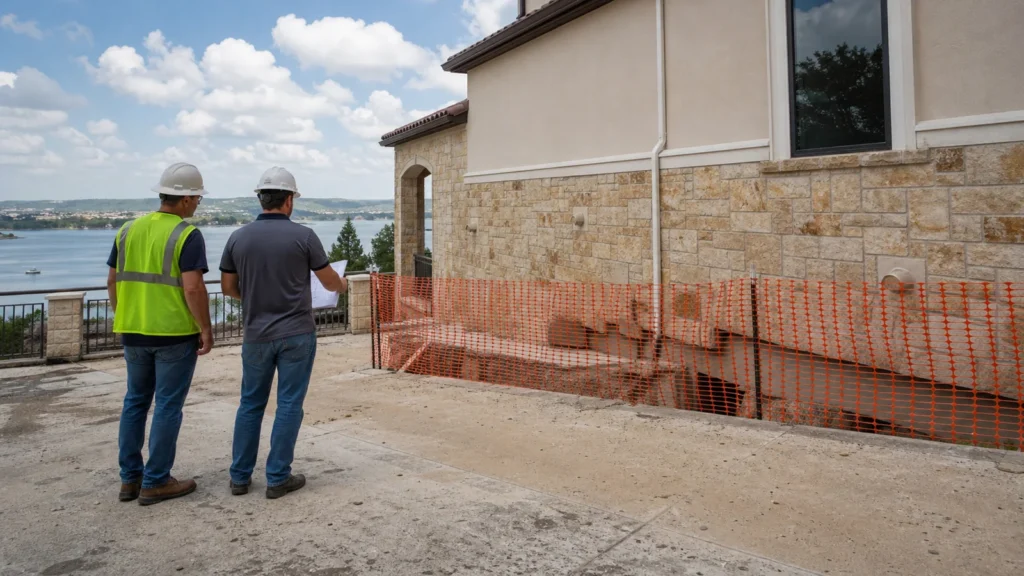 How Lakeway Businesses Can Plan Around Commercial Foundation Work 1 Lakeway texas commercial foundation repair planning scene with site manager, contractor and safety barriers