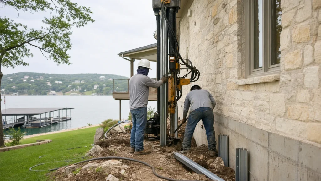 Lakeway texas foundation crew installing a clean pressed steel piling system beside a limestone home, safe professional jobsite