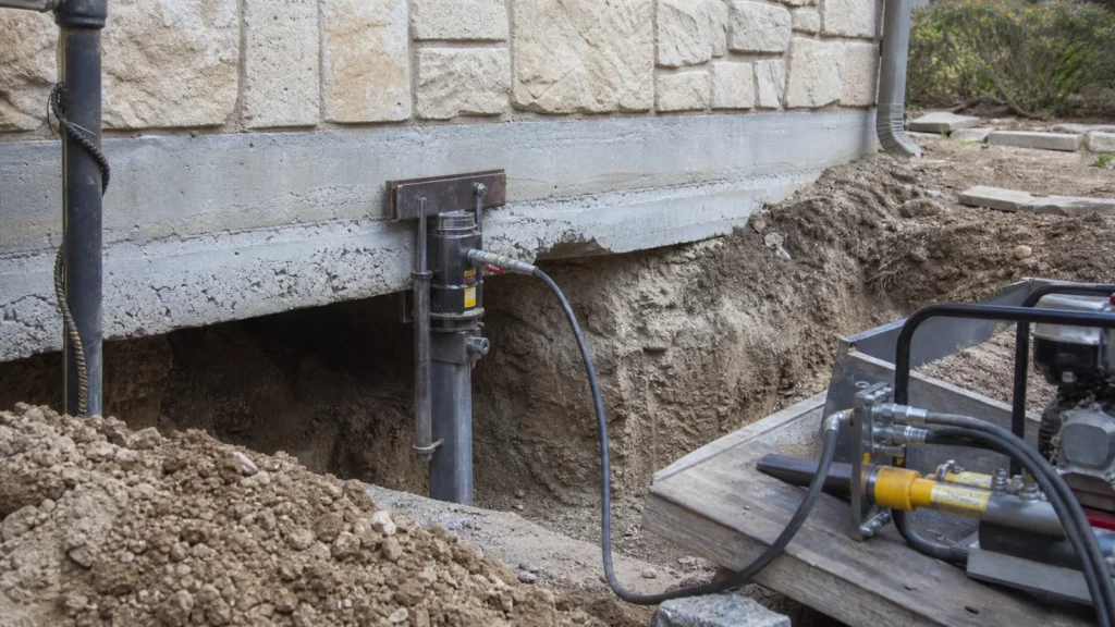 Realistic documentary photograph of steel push pier installation at a lakeway texas slab foundation with hydraulic equipment and safe excavation