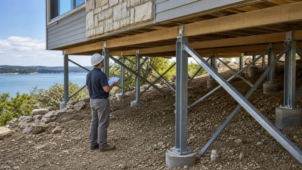 Elevated Pilings and Stilts Around Lake Travis: Inspection Questions 1 Lake travis area elevated home on engineered pilings with a foundation specialist inspecting bracing and support connections