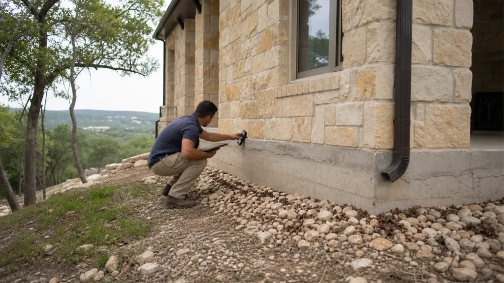 Bee cave texas limestone home with foundation inspector documenting slab edge and hillside drainage in natural light