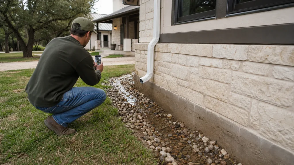 Realistic dripping springs texas hill country home with clear drainage and homeowner documenting foundation perimeter after changing weather