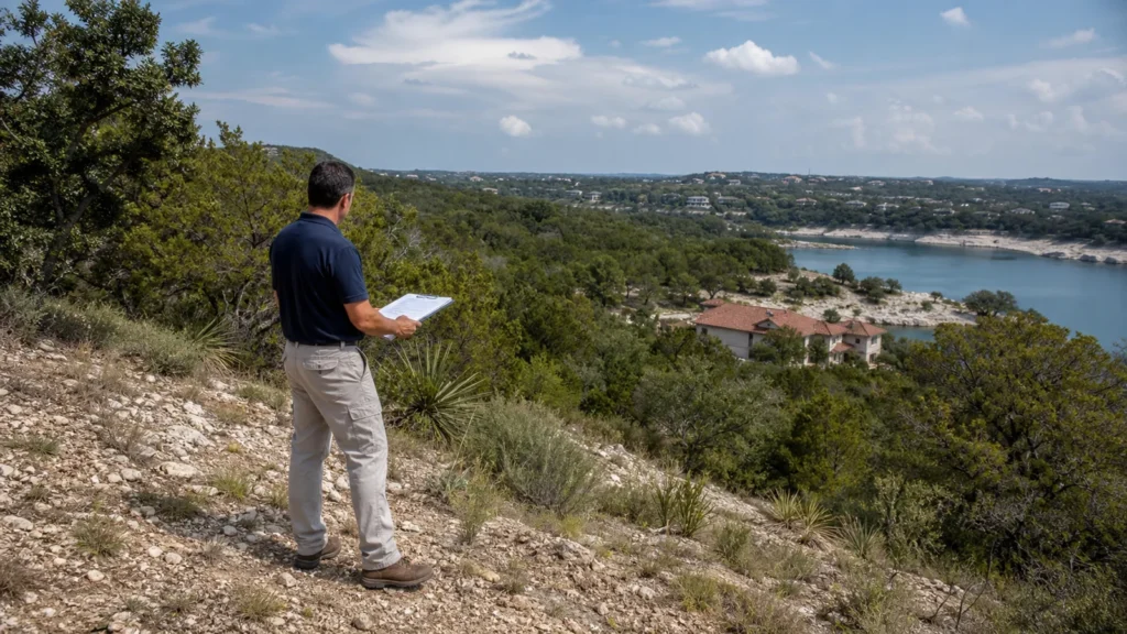 Editorial panorama of a lake travis area hill country property with foundation professional reviewing slope and access, no text